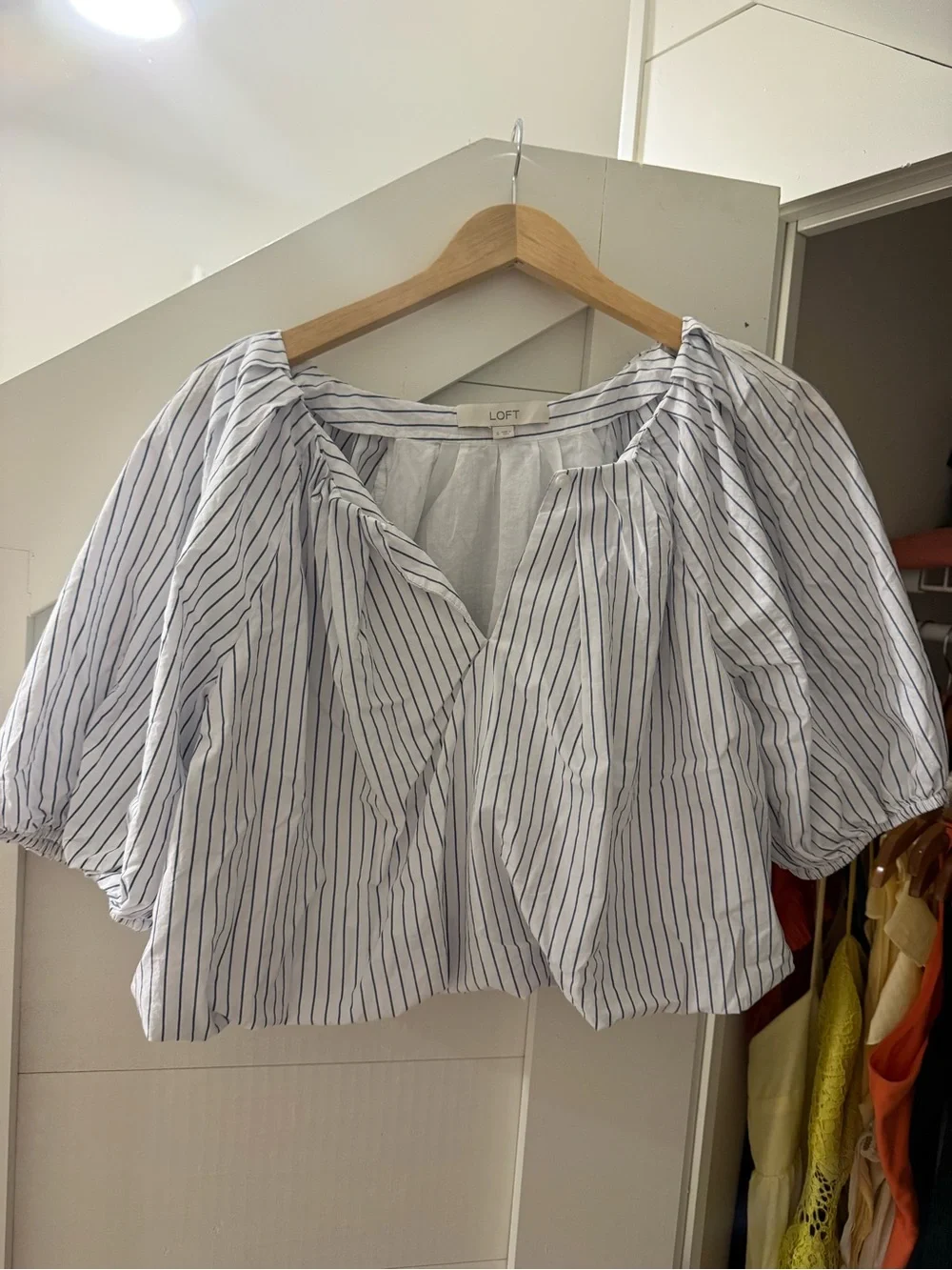 LOFT White Blouse with Navy Pinstripes and Puff Sleeves